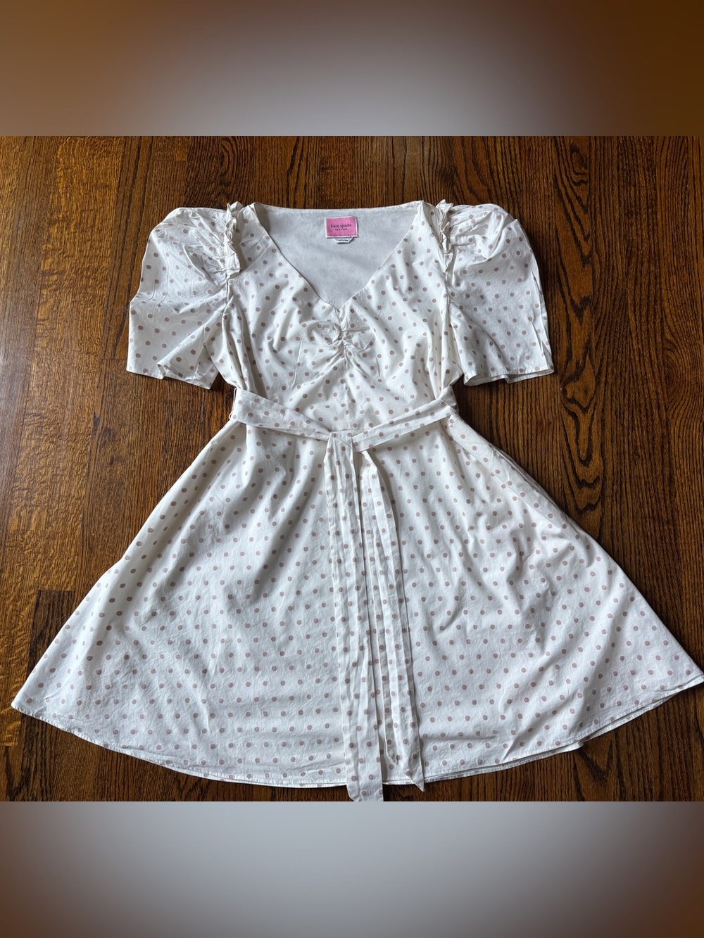 Kate Spade White Polka Dot V-Neck wPuff Sleeve Tie Dress L